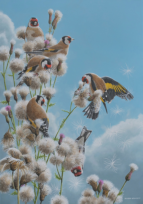 Goldfinches on thistles 1 Painting Jeroen Verhoeff